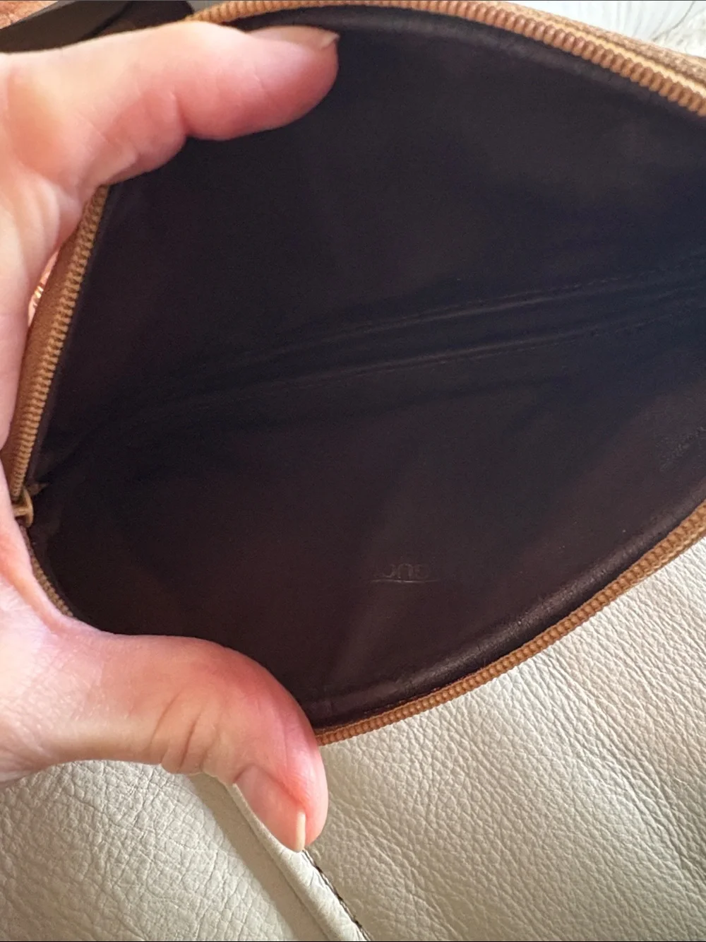 **Gucci Beige and Tan micro-Monogram Cosmetic Pouch with Gold Logo